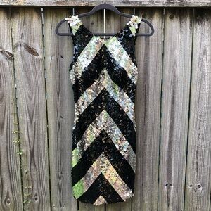 Betsy & Adam Sequin Dress Size 4 Black Silver Chevron Sleeveless Mini